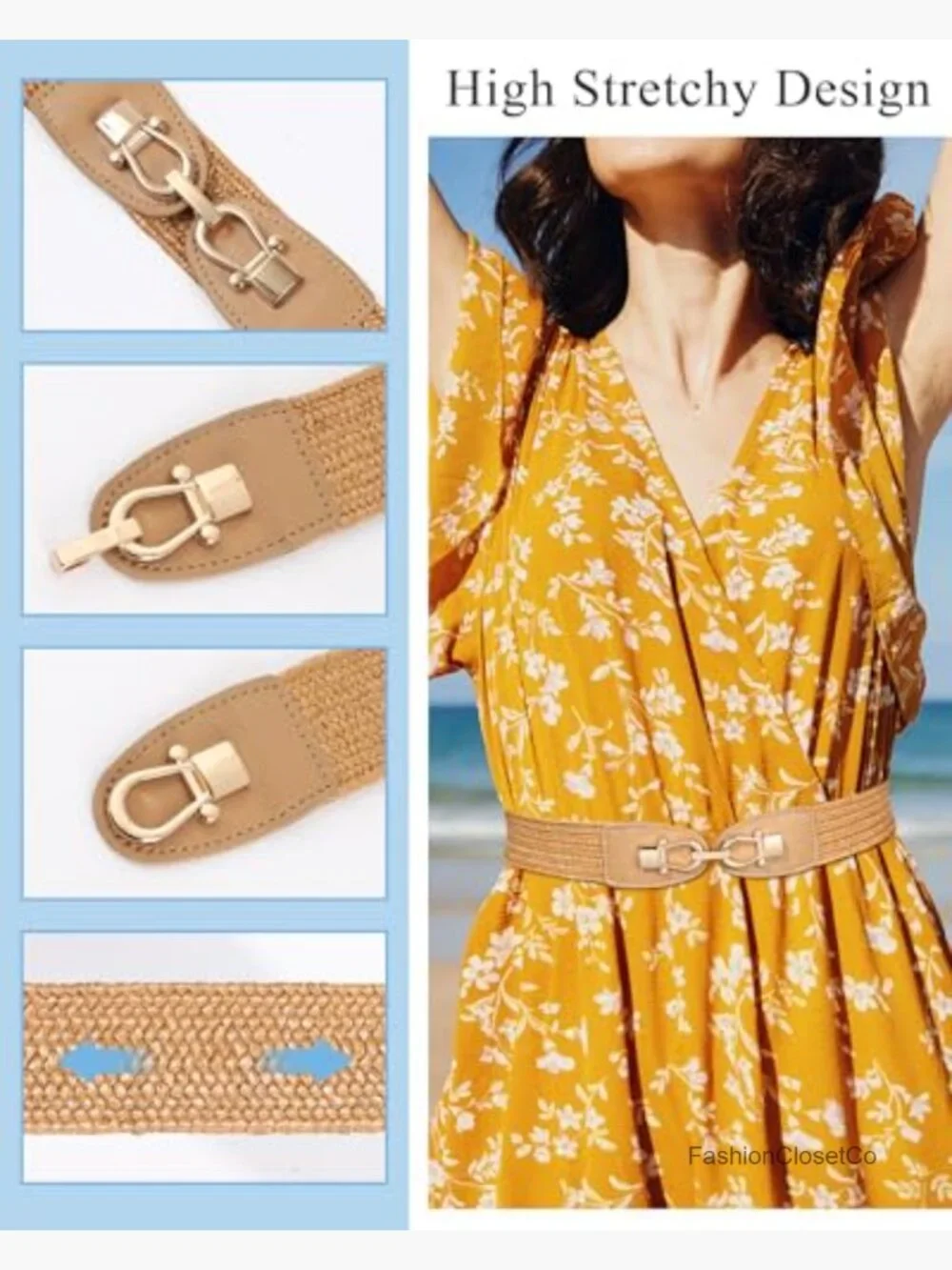 Straw Belt Elastic Waist Boho Braided Metal Buckle Stretch Belt for Dress